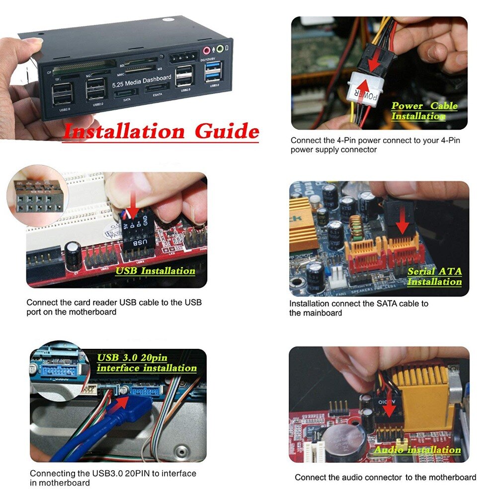 Panel frontal para tablero multimedia, lector de tarjetas de 5,25 pulgadas, USB 2,0, USB 3,0, 20 pines, e-sata, SATA