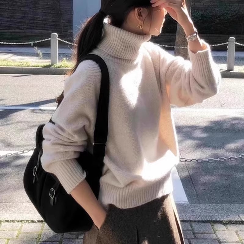 Høst/vinter polokrage 100%  kasjmirgenser dame løs genser pullover strikket tykk ullgenser: Xl / Himmelblå