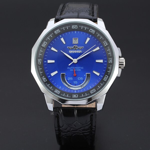WINNAAR Classic Mannen Horloges Alloy Case Automatische Mechanische Zelf Wind Casual Lederen Pols Vier Kleuren Beschikbaar: Blauw