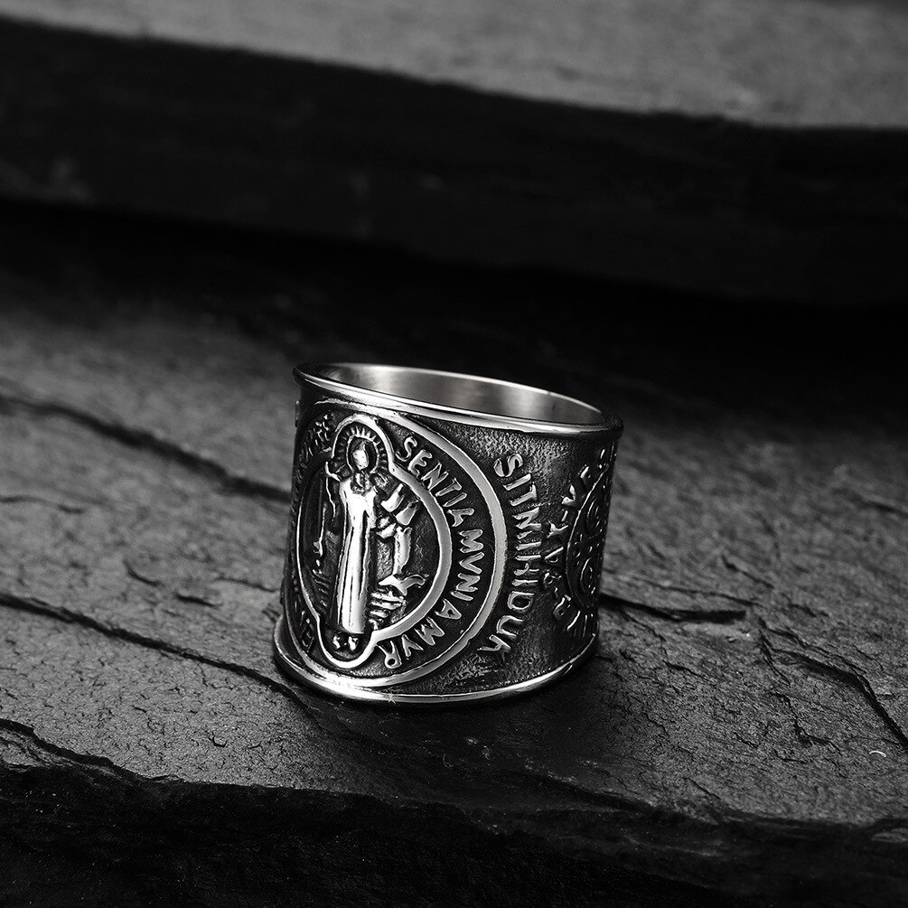 Saint Benedict Exorcism Men&#39;s Rings Stainless Steel Cross Ring for Men Male Catholicism Religious Jewelry