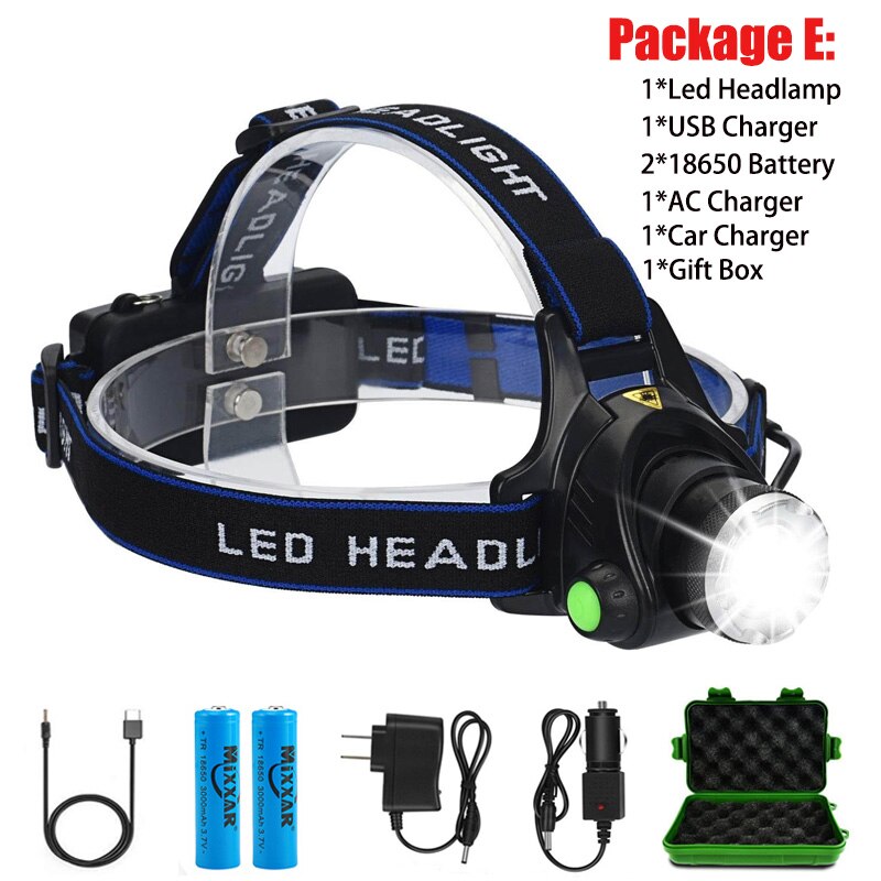 ZK20 LED Headlamp Rechargeable Head Lamp Zoom Waterproof Headlight Flashlight Three Light Switch Modes USB Charging Camping: Package E