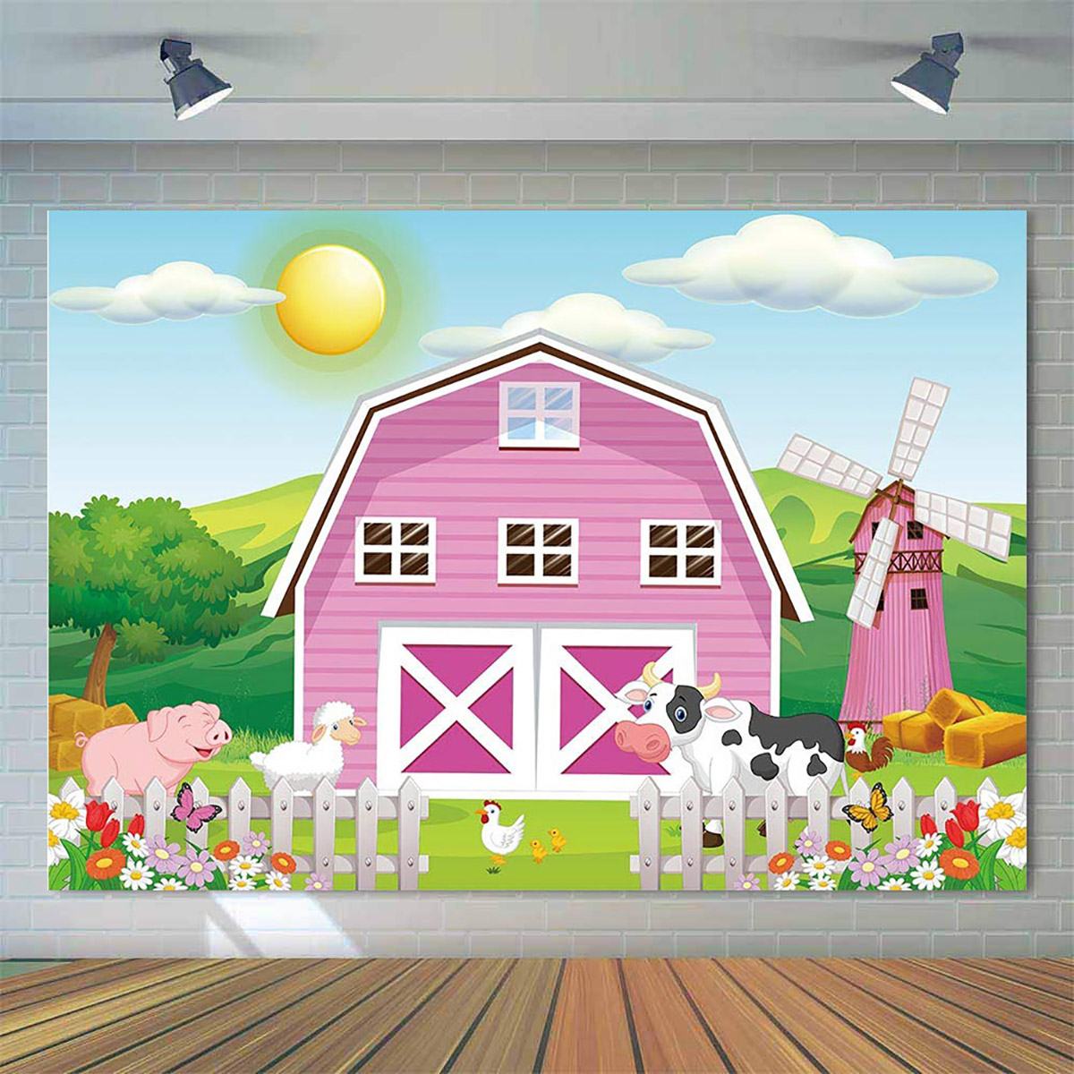 Sunshine Farm Theme Photography Backdrop Pink Barn Animals Barnyard House Kids Birthday Background Photo Studio Supplies