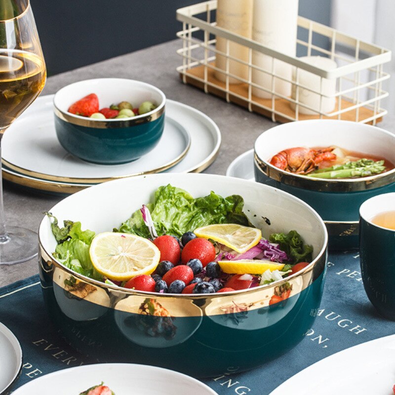 Nordic Stijl Groene Keramische Goud Inlay Diner Plaat Steak Food Lade Servies Rijke Soepkom Fruit Dessert Servies Set