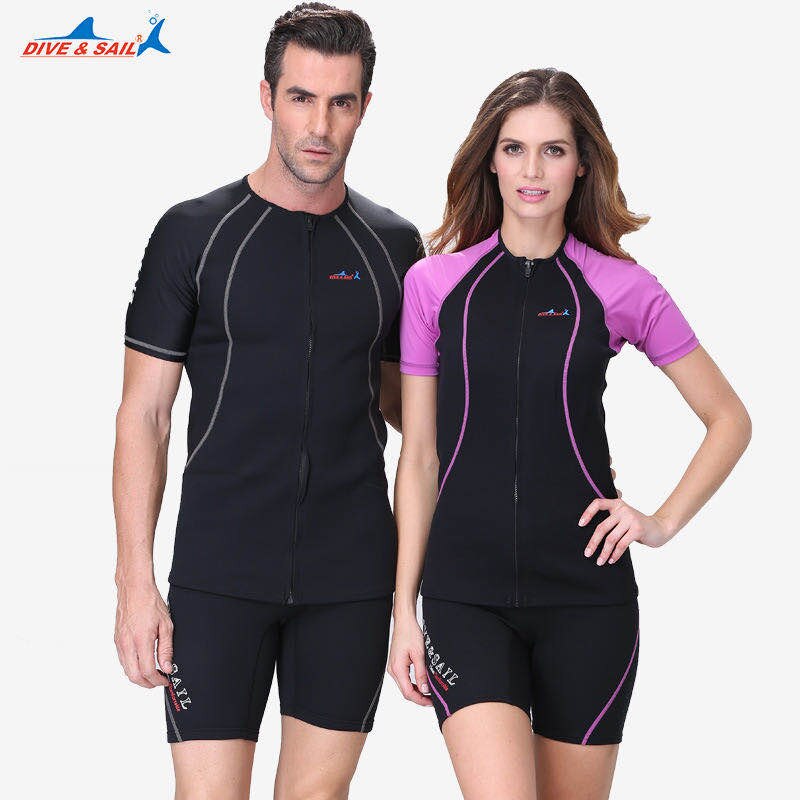 Traje de neopreno + Lycra para hombres y mujeres, chaqueta de manga corta de retales, para mantener el calor, Tops de buceo, bañador con cremallera frontal, 1,5 MM, SCR