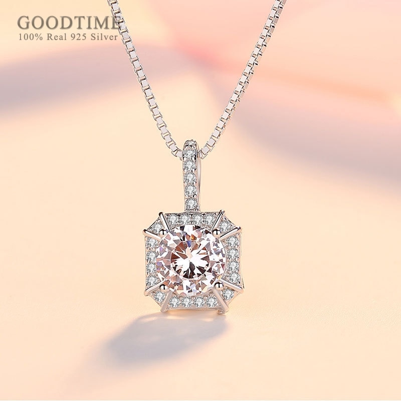 Pure 925 Sterling Silver Pendant Necklace For Women Square Zircon Rhinestone Necklace Valentine's Day For Girl