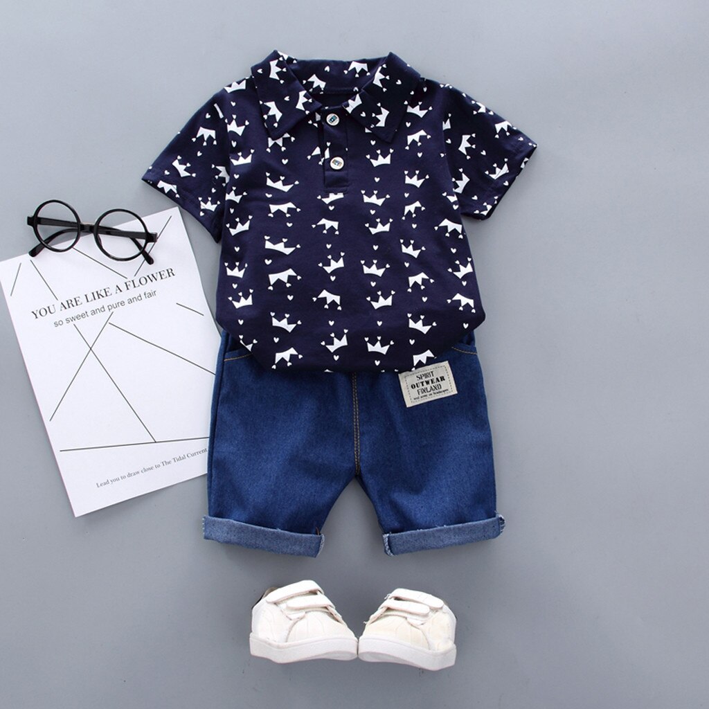 Kleding Outfits Set Peuter Kids Baby Boy Korte Mouwen Kroon Patroon Shirt Tops + Denim Broek Set vestido menina enfant fille