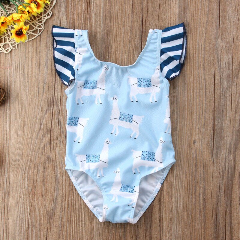 Newborn Baby Girls Summer Swimsuit Cute Cartoon Alpaca Striped Toddler Kids Bikini Set Cute Baby Swimwear Bathing Swimsuit