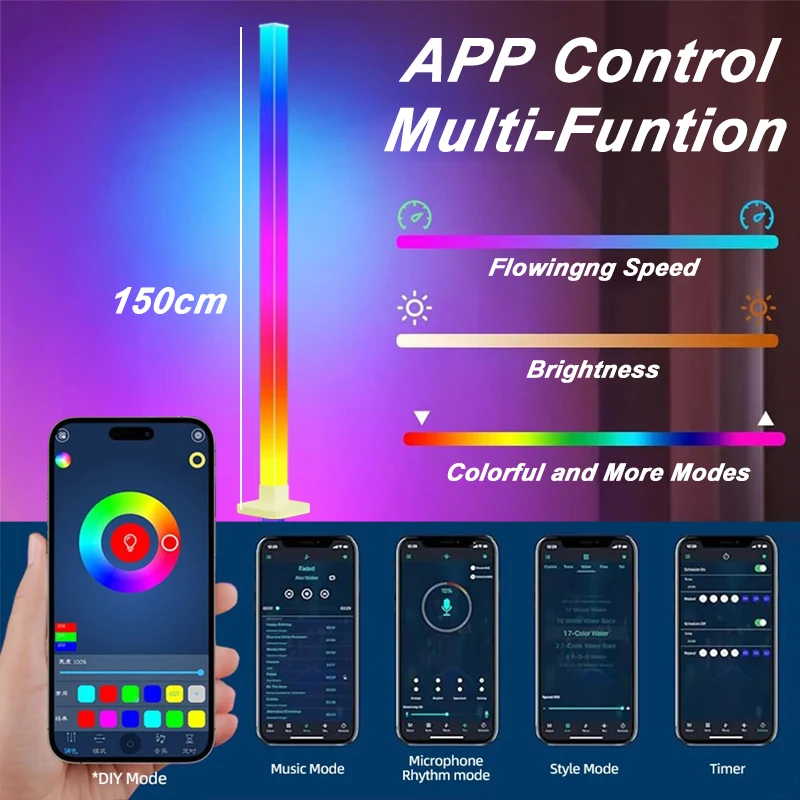 Led-gulvlampe rgb-hjørnelamper med app-fjernbetjening flerfarvet musiksynkronisering stående pvc-gulvlampe til stue/soveværelse