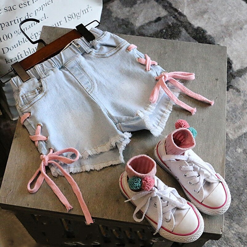 Baby Meisje Jeans Shorts Meisjes Zomer Side Sling Strik Jeans Kinderen Toevallige Denim Broek Kinderen Pocket Korte Broek 2-8Years