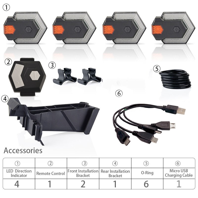 1Set Fiets Richtingaanwijzers Voor En Achter Licht Met Slimme Draadloze Afstandsbediening Fiets Achterlicht Voor Fietsen Veiligheid waarschuwingslampje: 4 lamps 2 brackets