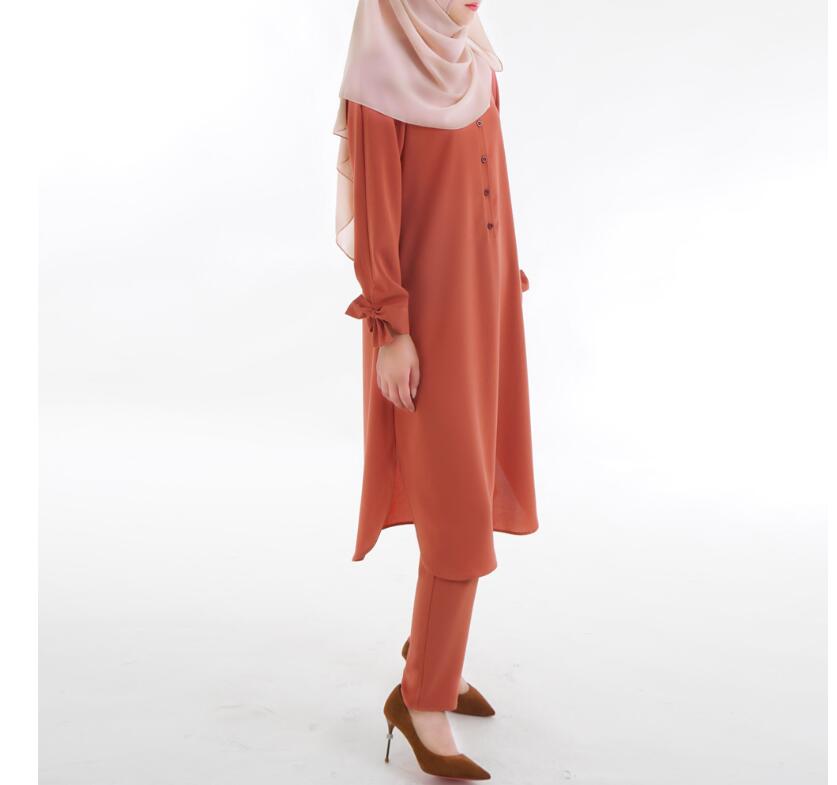 2 PCS Tops + Broek Moslim Vrouwen Kleding Lange Mouw Muslimah Jurk Hijab Boog Manchet Habaya Ropa Musulmana Para Mujer djellaba Femme