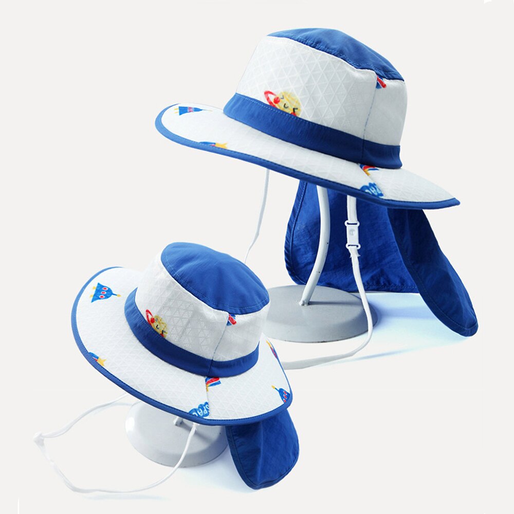 Uv-skydd bebis sommar safari solhatt pojkar keps barn panama unisex strand bebis flicka hink hatt tecknad halsklaff keps för barn: Blå a / L 5-10 år