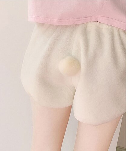 Cute Warm Removable Rabbit Hair Ball Sleep Bottoms Flannel Pajama Shorts Women's Loose Elastic Waist Pajama Pants Loungewear: white