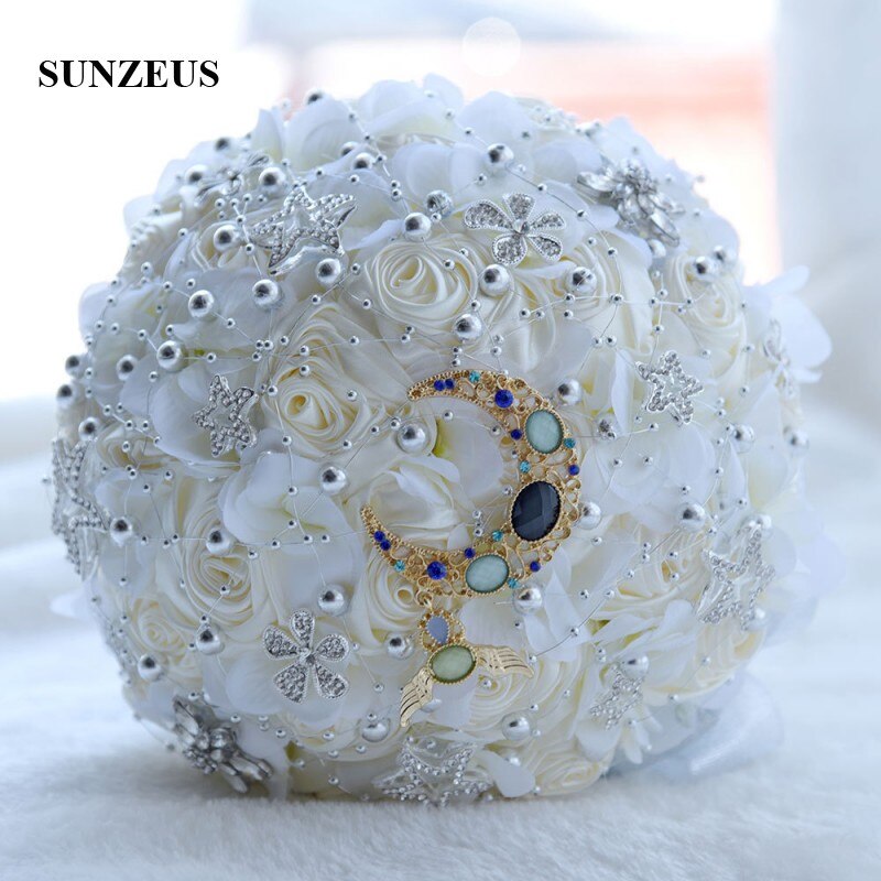 Romantic Light Blue Flowers Wedding Bouquet Pearls Shiny Stars Royal Blue Artificial Bridal Flowers Bouquet huwelijk SWB08: pic color 1