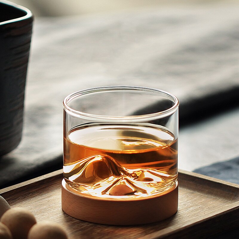 Transparent Whiskey Glass with Wooden Base Heat Resistant Beer Glass Wine Water Tea Cup Set Bar Crystal Home Drinkware