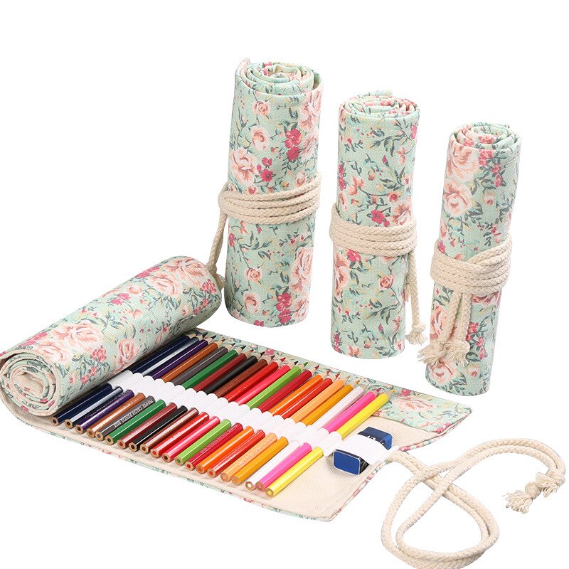 72 Gaten Schoolbenodigdheden Roll-Up Potlood Zakken Voor Kleur Potlood Pennen Tas Potlood Pouch Canvas Handgemaakte Bloemenprint kawaii Bgas: 72 hole pink flower