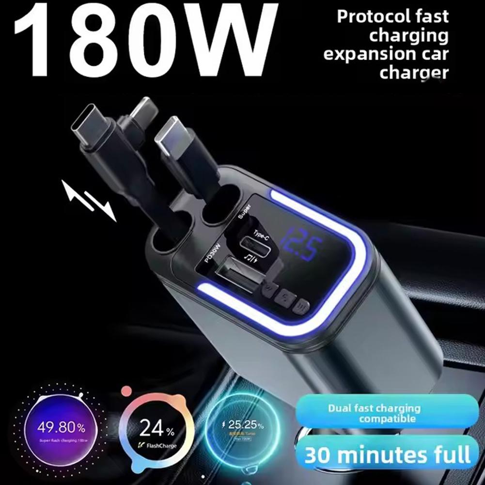5-in-1 Auto Oplader - 180W Intrekbare USB Snellader met Bluetooth Verlichting voor Vrachtwagens SUV's