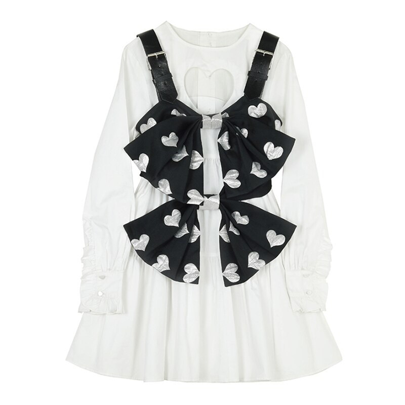 Jurk + Vest Tweedelige Sets Vrouwen Retro Wit Hart Hollow Out Lange Mouwen Jurken Sweet Leuke Boog Vest Streetwear Outfits: L