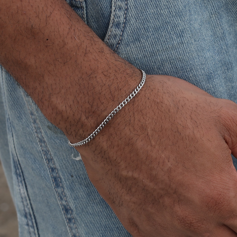 Pulseira de corrente cubana de aço inoxidável de 3mm, acessórios de joias de hip hop de rua masculino, pulseira aberta ajustável: Banhado a prata