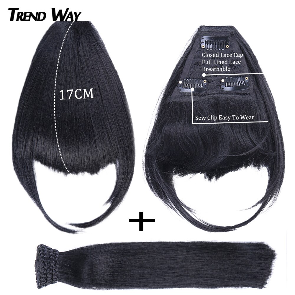 Pitkät suorat yaki-hiukset, synteettiset poninhännät ja otsatukka, nuttura, kaksi paria hiusklipsiä, naisille, mustat hiustenpidennykset