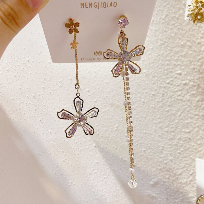 Mengjiqiao moda coreano delicado zircão flor longo borla brincos de gota para mulheres meninas elegante pérola pendientes jóias