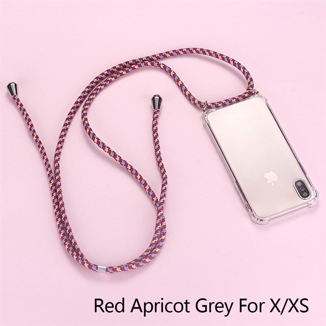 Del Cavo della cinghia Della Catena Della Cordicella Del Telefono di Caso per il iPhone XS X Mobile Della Collana Trasporta la Copertura Trasparente Caso Molle di TPU per Appendere su Apple X XS: Red Apricot Grey