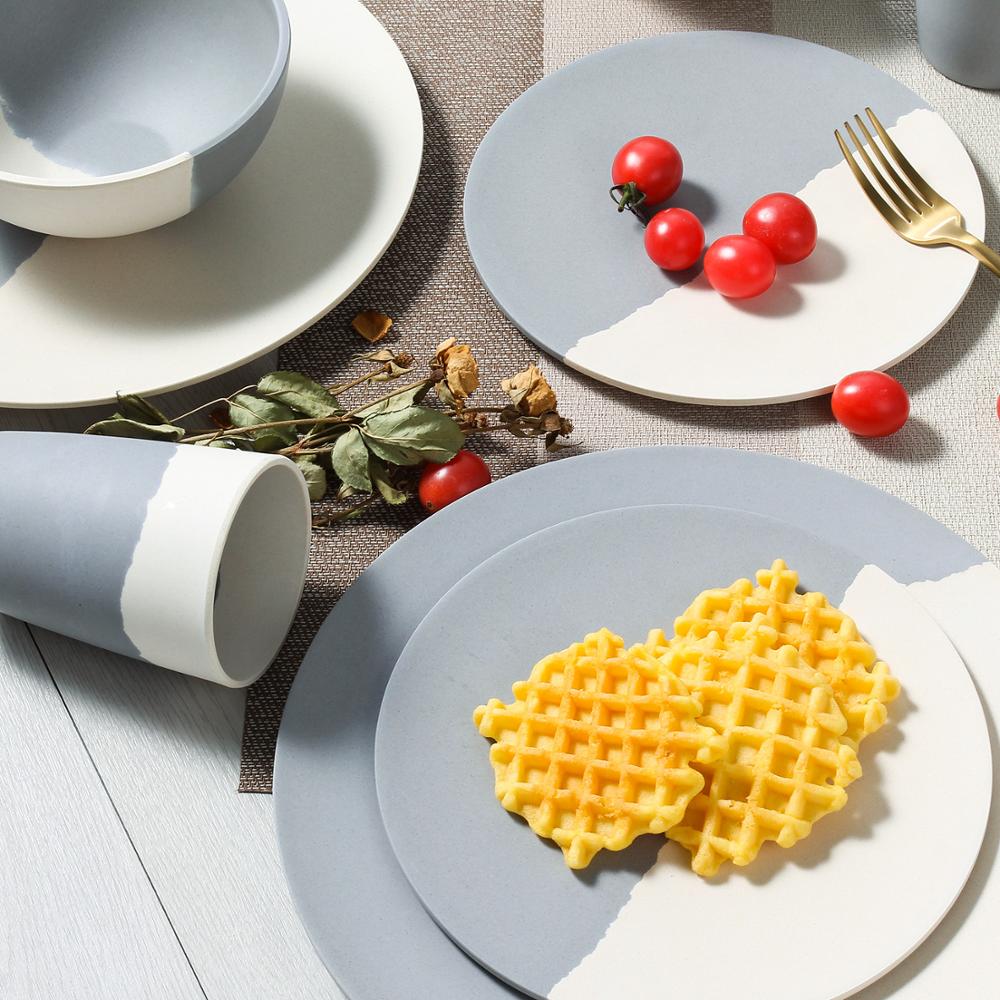Lekoch Bamboo Fiber 4Pcs for 1 person Tableware Set gray and white Plate Bamboo Fiber dinnerware Plate Bowl Cup Set for Party