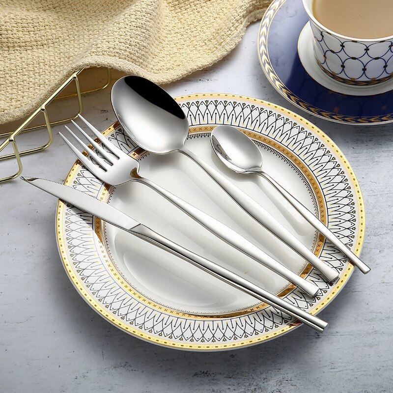 Rustfrit stål bestik sølvtøj ske spisestel sæt mat guld bestik knive gafler skeer spisestel sæt miljøvenligt: Sølv 1 sæt