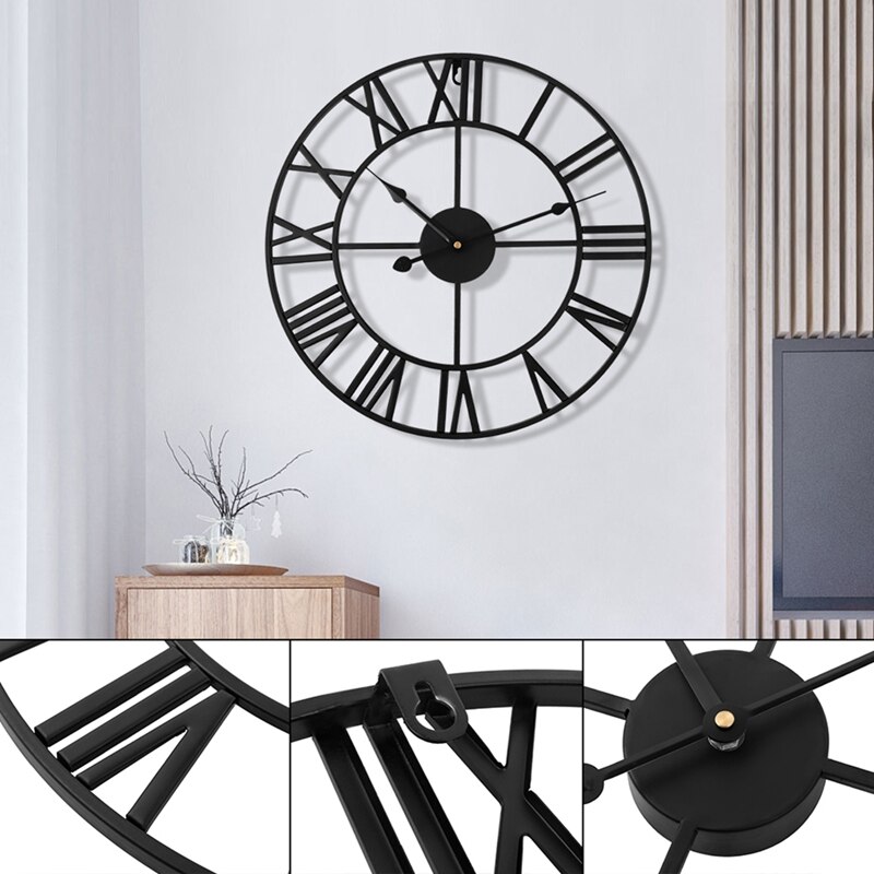 Retro Metal Roman Numeral Wall Clock Iron Round Large Outdoor Garden Home Office Decoration Classic Industrial