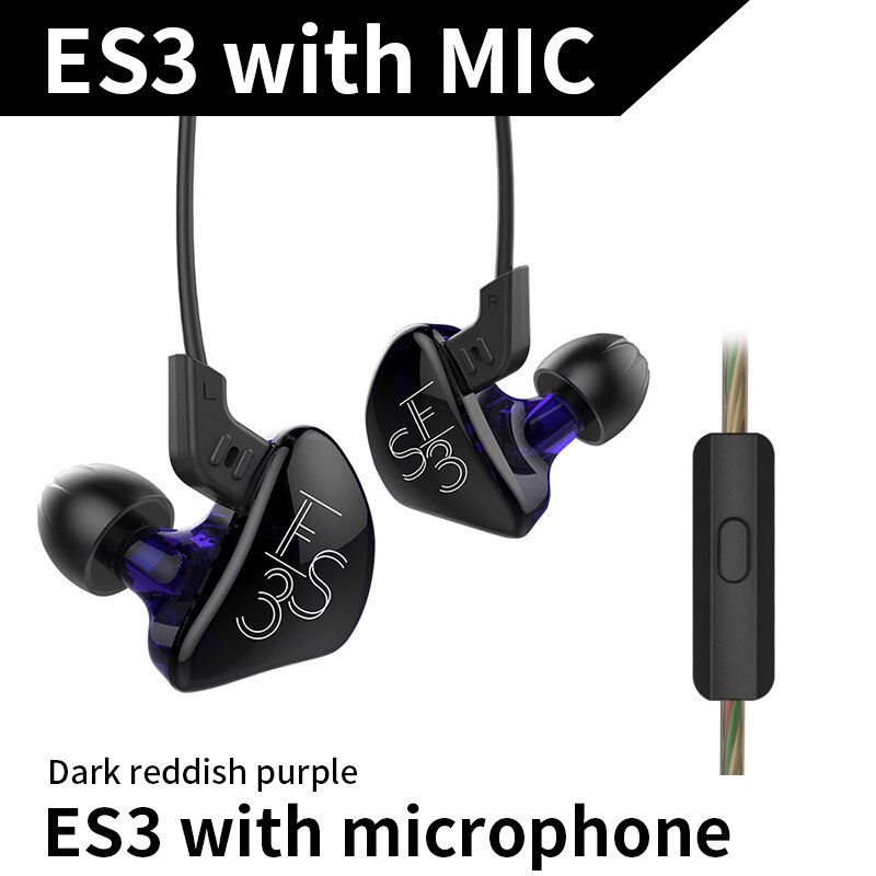 Kz  es3 1dd+1ba hifi sport in-ear øretelefoner dynamisk driver støjreducerende headset erstatningskabel  zs10 es4 zs3 ed12 zst zsn: Lilla med mikrofon