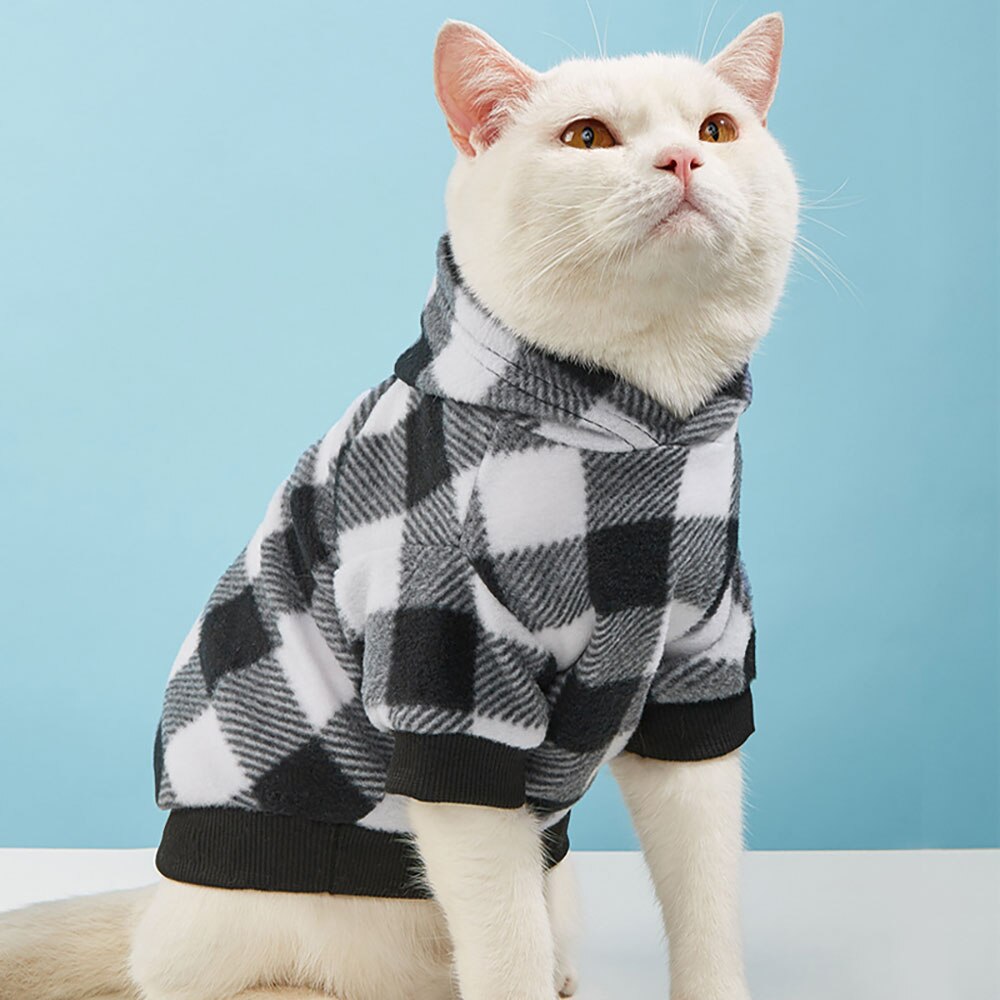 Classic Plaid Cat Hoodie Winter Cat Clothes Cat Sweatshirt Warm Fleece Soft Vest for Cats Puppies Small Animals