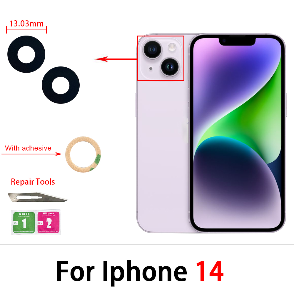 2Pcs，Rear Back Camera Glass Lens For IPhone 15 14 Plus 13 12 mini 11 Pro Max Camera Glass With Glue Adhesive Sticker Repair Tool: black