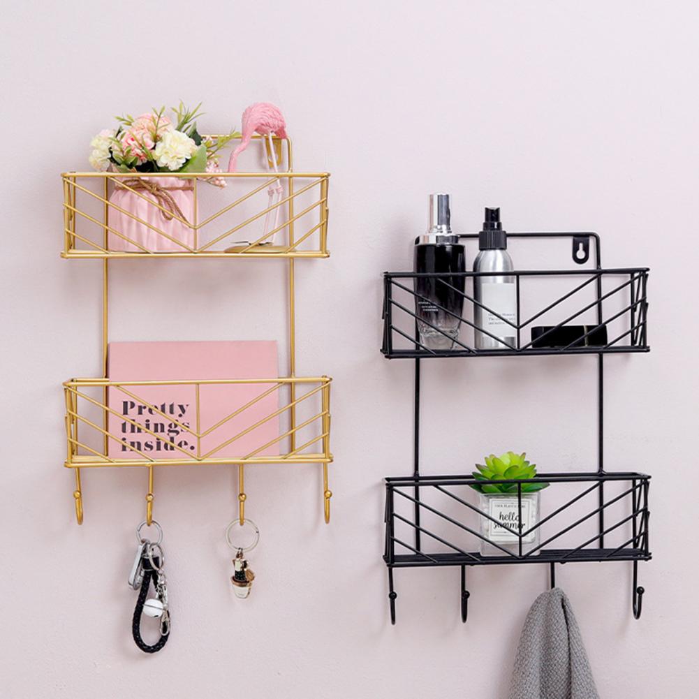 Wall-Mounted Storage Rack Double Layer Load Bearing Wall Hanging Iron Storage Rack Organizer with Hanger for Bathroom Home