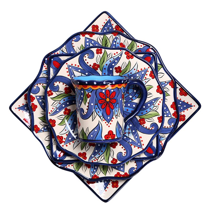 Ceramic Dinnerware Set with Flower Print Plate Bowl Mug Big Size Tableware Dish Steak Plates Retro Set