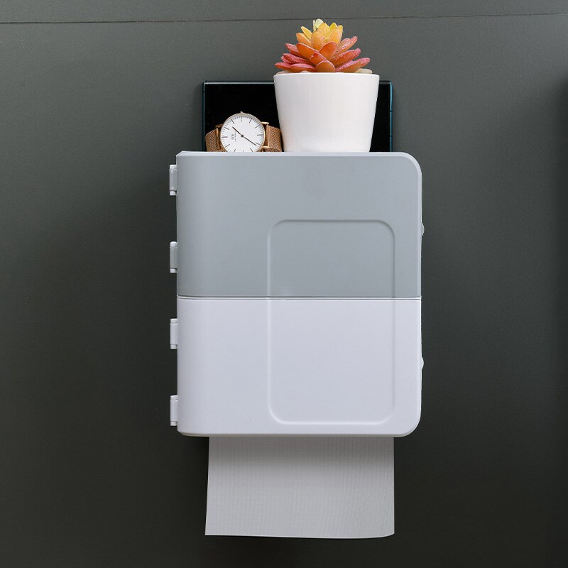 Portable Waterproof Tissue Toilet Paper Holder Plastic Wall Mounted Dispenser Organizer Storage Box Bathroom Accessory: White Gray