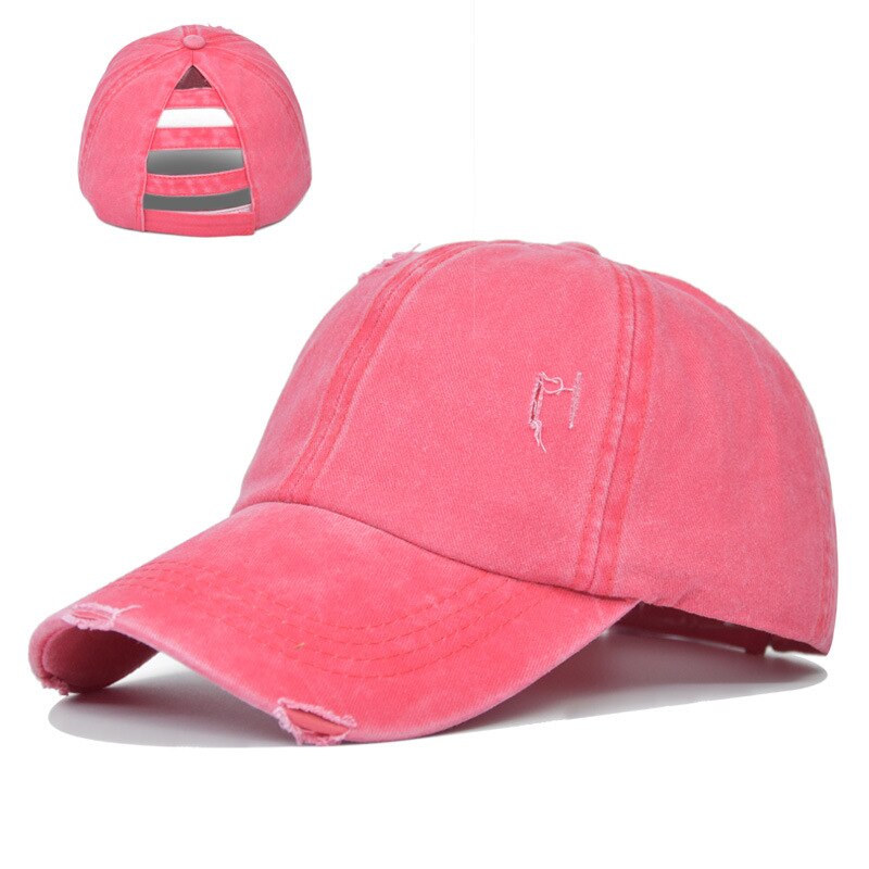 Boné de beisebol buraco lavado nova primavera sólida sunhat homens mulheres verão algodão snapback bonés hip hop chapéu de pesca retro rabo de cavalo viseira: Watermelon red Cap
