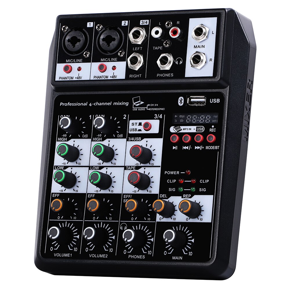 4 Channels Audio Mixer Sound Mixing Console with Bluetooth USB Record 48V Phantom Power MonitorEffects for home music production