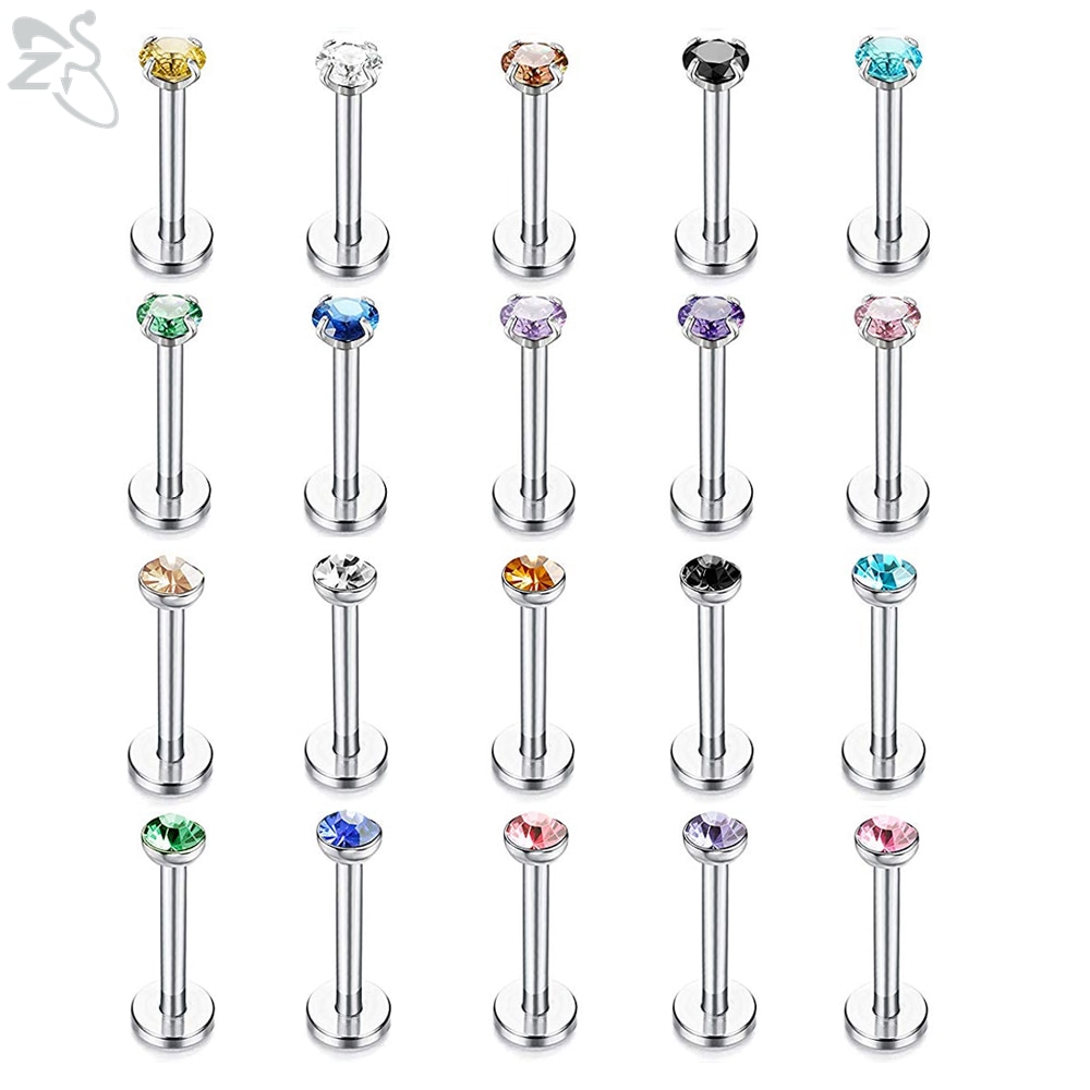 ZS 20 Pcs/lot 16G Crystal Zircon Labret Lip Rings Stainless Steel Internally Threaded Labret Piercings Unisex Cartilage Piercing