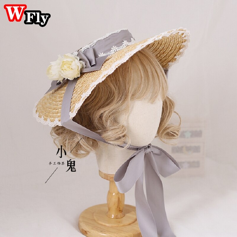 Chapeau de soleil en paille pour femmes et filles, japonais, Lolita, fait à la main, ruban de fleurs en dentelle, nœud papillon à large bord, chapeaux de paille élégants: style 7