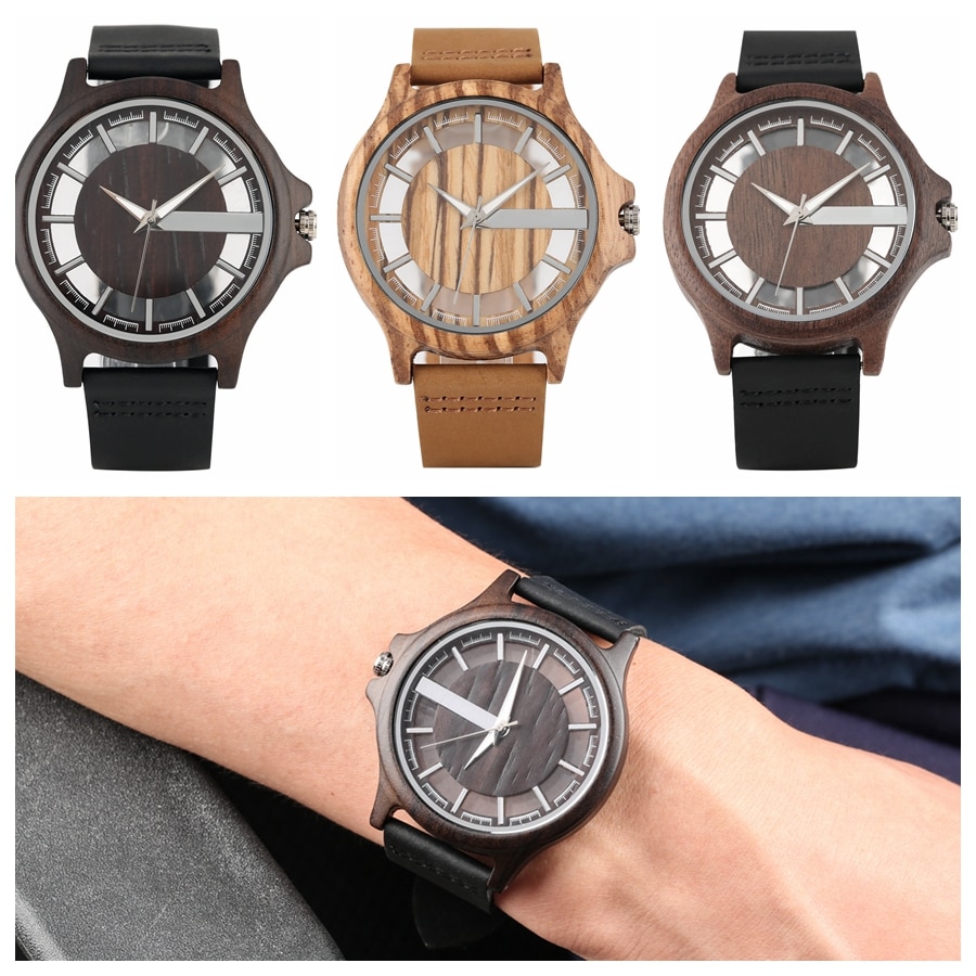 Ebbenhouten horloge heren transparante holle wijzerplaat houten horloges analoog horloge vintage quartz polshorloge klok reloj de madera