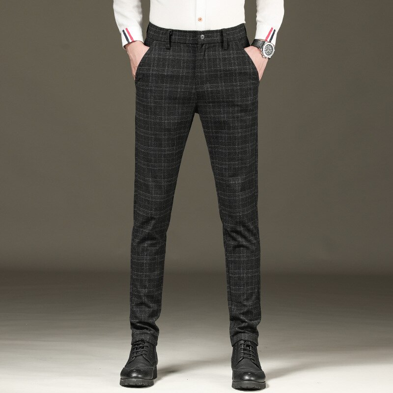 100% Plaid Pant Formal Wedding Mens Slim Fit Suit Pants Casual Brand Straight Dress Trousers: Black / 30
