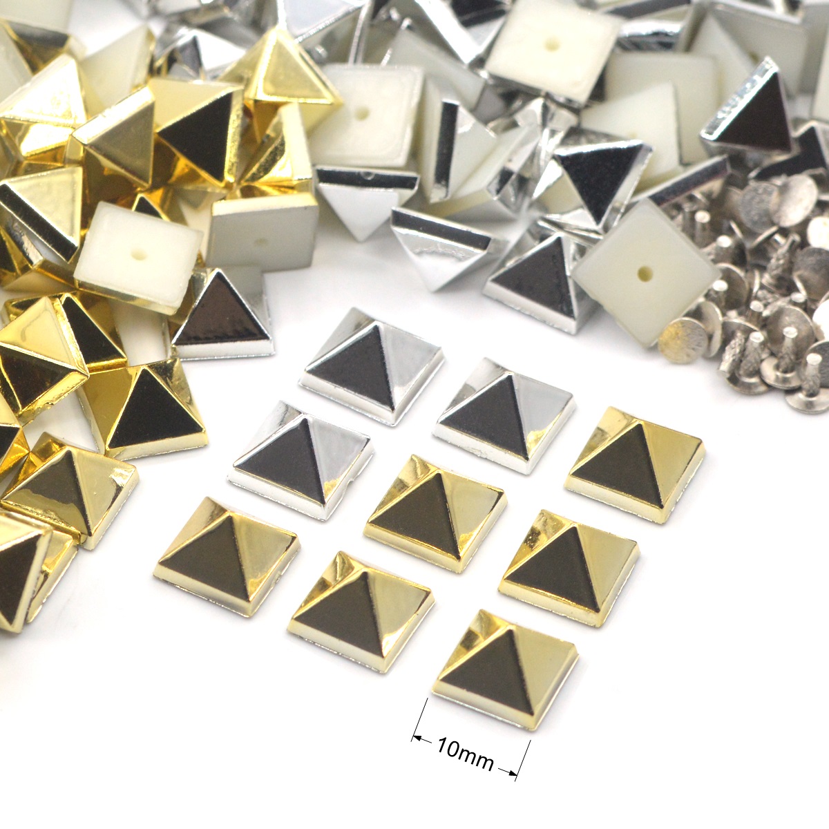 KALASO 50 juegos de 10mm plateado chapado en oro ABS pirámide cuadrado Punk tachuelas remaches picos para zapatos bolsa decoración de ropa artesanía Diy