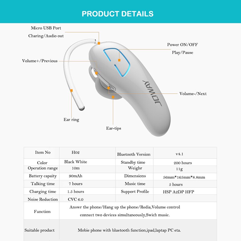 Joway  h02 draadloze handsfree bluetooth-headset met ruisonderdrukking, zakelijke bluetooth-oortelefoon, draadloos voor een mobiele telefoon