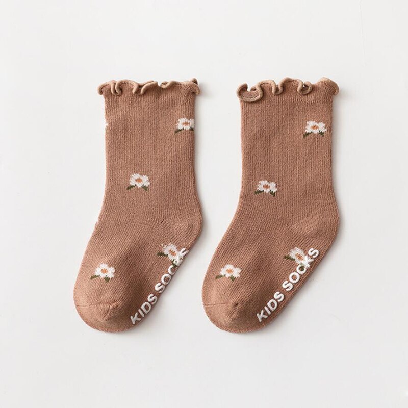 0-5Years Toddlers Girls Frilly Socks Cotton Newborn Baby Ankle Socks Anti-Slip Flower Pattern Infant Baby Floor Sock Accessories: Brown / S 6 To 12 Months
