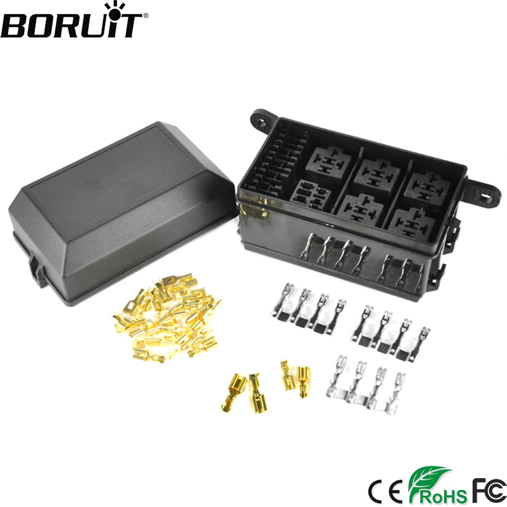 BORUiT Car Fuse Box DC 12V 20A 6 Relay Block 5 Road For Nacelle Car Insurance Holder Automobile Durable Vehicle Circuit Blade