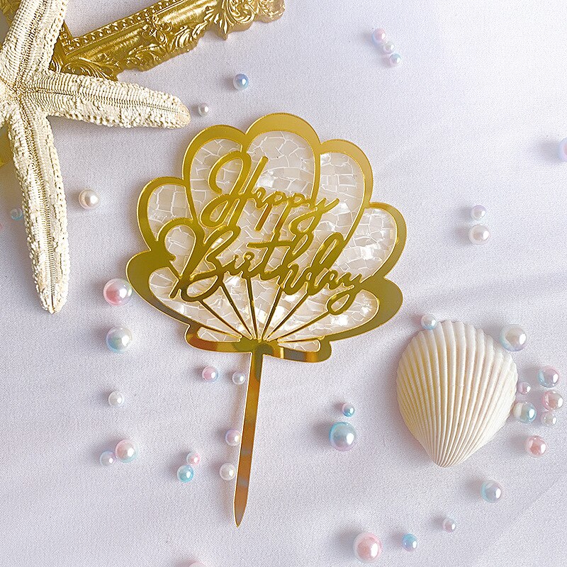 Acrylic Ocean Series Shell Happy Birthday Cake Topper Candy Bar Baby Shower Kids Party Decoration Supplies Cake Toppers: Gold