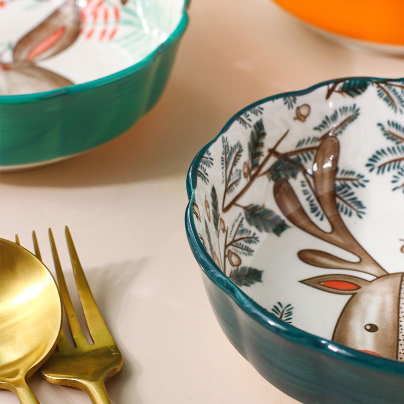 Ceramic Salad Bowl Forest Animal Porcelain Soup Bowls Children Kitcehn Rice Dessert Snack Mixing Bowl Kitchen Supplies