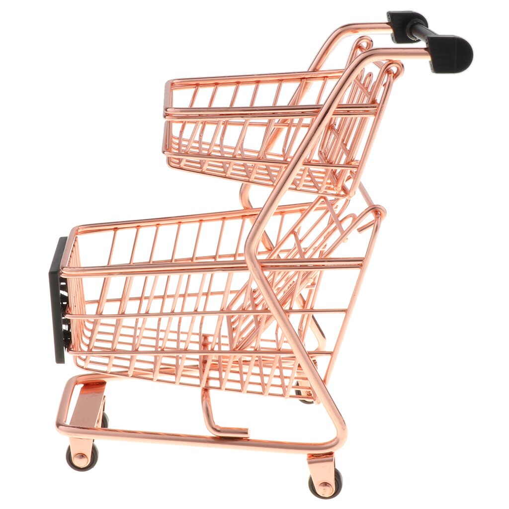 Mini Shopping Cart with Sturdy Metal Frame Pen/Cards Holder Desk Storage Toy: Rose Gold