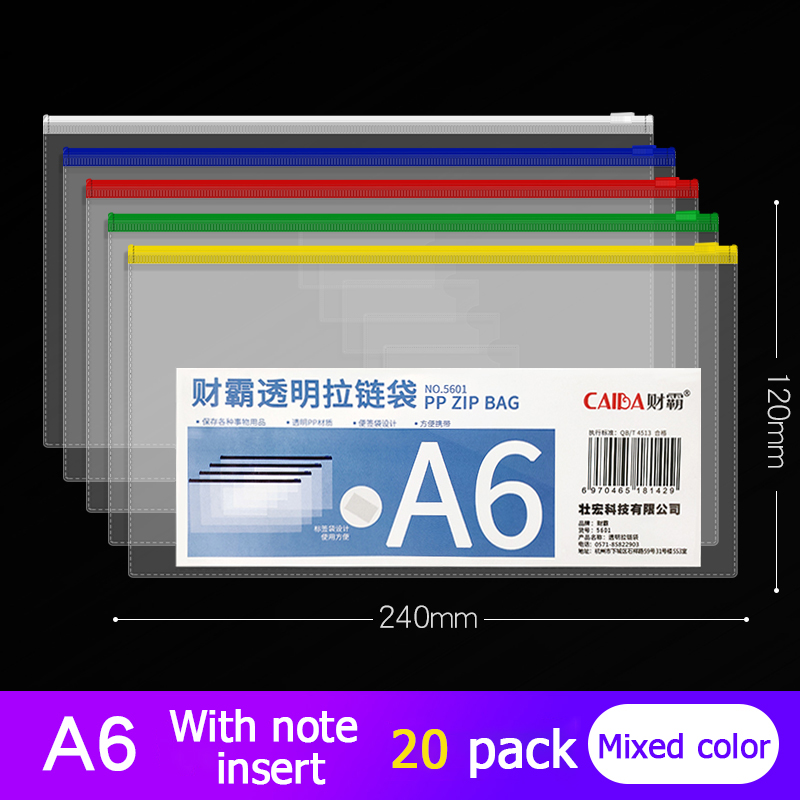 20Pcs Bestand Houder Transparant Plastic Informatie Tas A5 Rits Grote Capaciteit Boek Tas A4 Briefpapier Student Office Bestand Zak: A6 mixed color