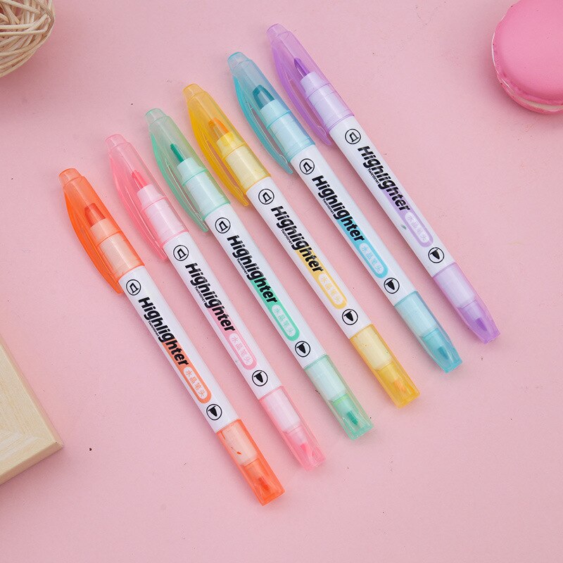 Yisuremia 6Pcs/Box Double Head Highlighter Pen Set Visual Highlight Markers Fluorescent Pens Art Marker Graffiti Tool Stationery